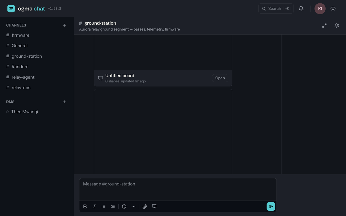 The chat window: a sidebar of channels and DMs on the left, a channel with messages in the middle, and the composer at the bottom.