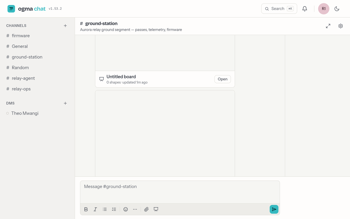 The chat window: a sidebar of channels and DMs on the left, a channel with messages in the middle, and the composer at the bottom.